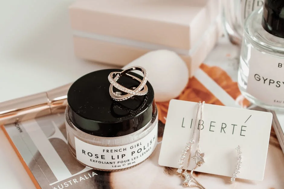 A stylish display of rose lip polish and elegant jewelry in a sophisticated setting. - affordable luxury daily goods that feel highend