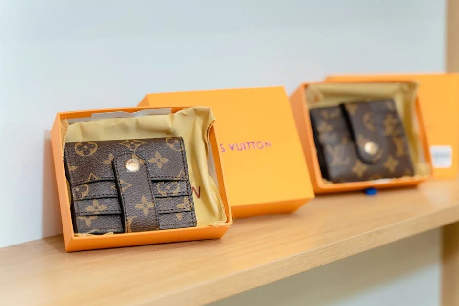 Close-up of Louis Vuitton wallets in signature packaging on a wooden shelf, showcasing elegant fashion design. - affordable luxury daily goods that feel highend
