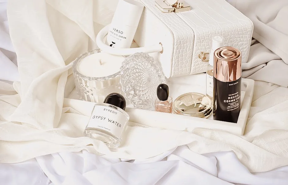 A stylish flat lay of luxury cosmetics and accessories on a white background, perfect for elegance and lifestyle themes. - affordable luxury daily goods that feel highend