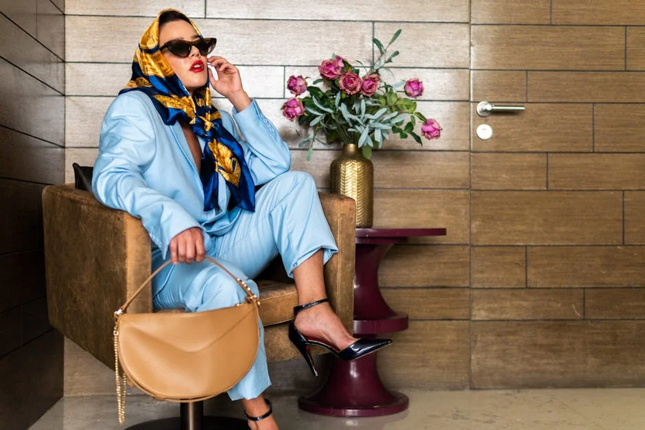 Stylish woman in a blue outfit and scarf, with sunglasses and high heels, posing indoors. - affordable luxury daily goods that feel highend