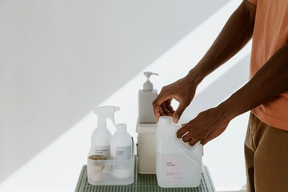Man arranging cleaning products on a shelf, highlighting tidiness and organization. - best budgetfriendly daily essentials for homeowners 2026