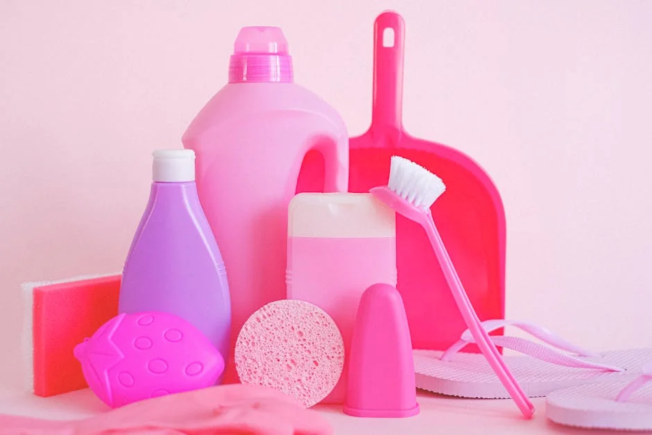 Assorted plastic containers with sponge and dustpan with brush for cleaning routine on pink background - best budgetfriendly daily essentials for homeowners 2026