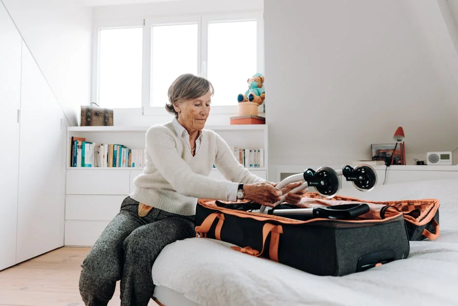 Elderly woman packing a rollator into a suitcase at home, preparing for a trip. - best daily essentials for elderlyfriendly home living
