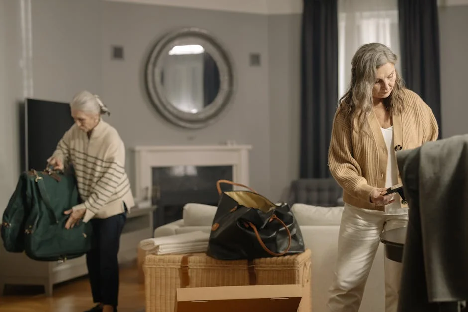 Two senior women packing belongings in a cozy living room setting. - best daily essentials for elderlyfriendly home living