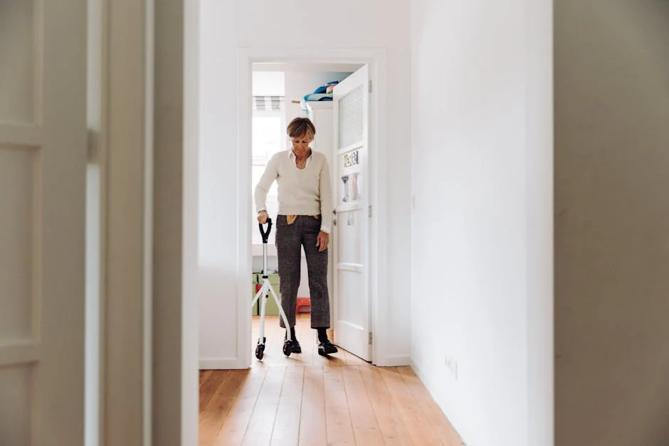 Senior woman walking with rollator in a brightly lit hallway for indoor mobility support. - best daily essentials for elderlyfriendly home living