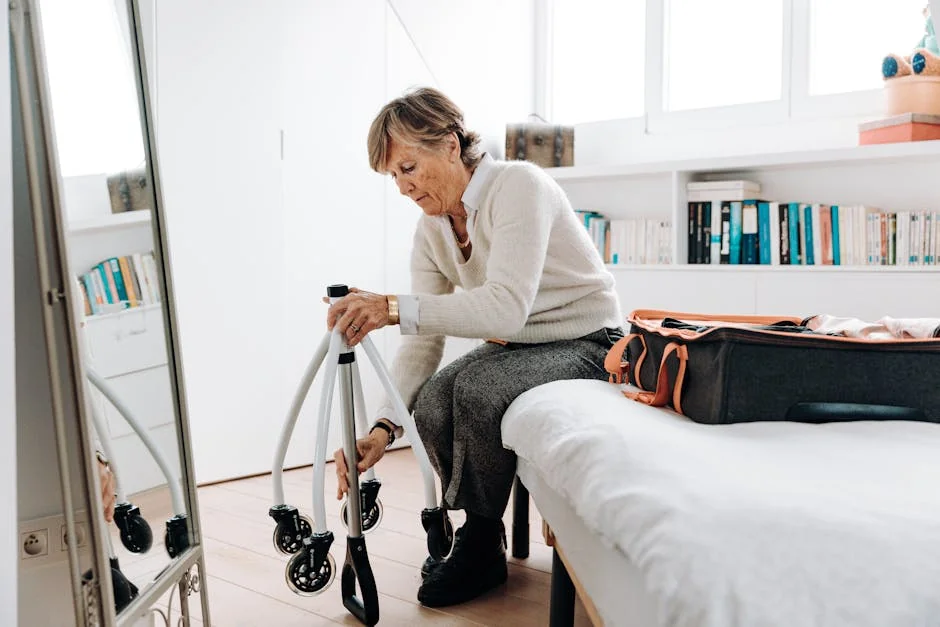 Elderly woman packing her suitcase with a rollator beside her, in a cozy bedroom setting. - best daily essentials for elderlyfriendly home living