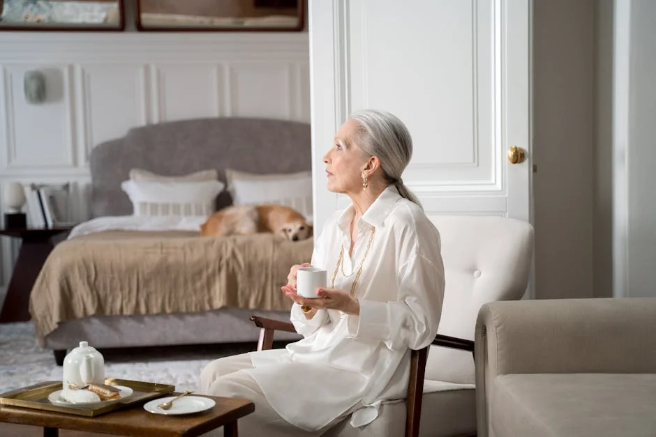 Senior woman with gray hair sipping coffee in a cozy living room with a dog resting on the bed. - best daily essentials for elderlyfriendly home living