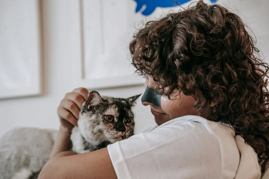 Side view of content young lady with dark curly hair and charcoal cleansing strip on nose smiling while hugging loyal cat at home - best value daily goods for pet owners on a budget