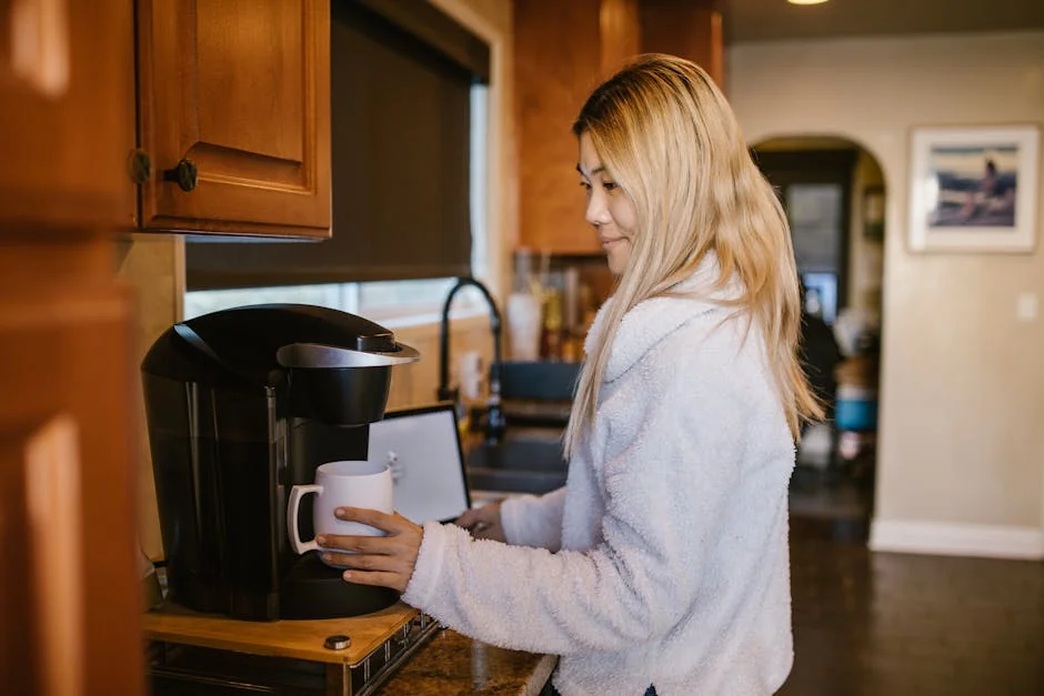 Woman with blonde hair making coffee in a cozy home kitchen setting. - how to choose the right coffee maker for your morning routine