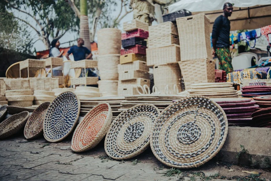Colorful woven baskets displayed at an outdoor market in Abuja, Nigeria. - discovering highquality artisanal daily goods at fair prices