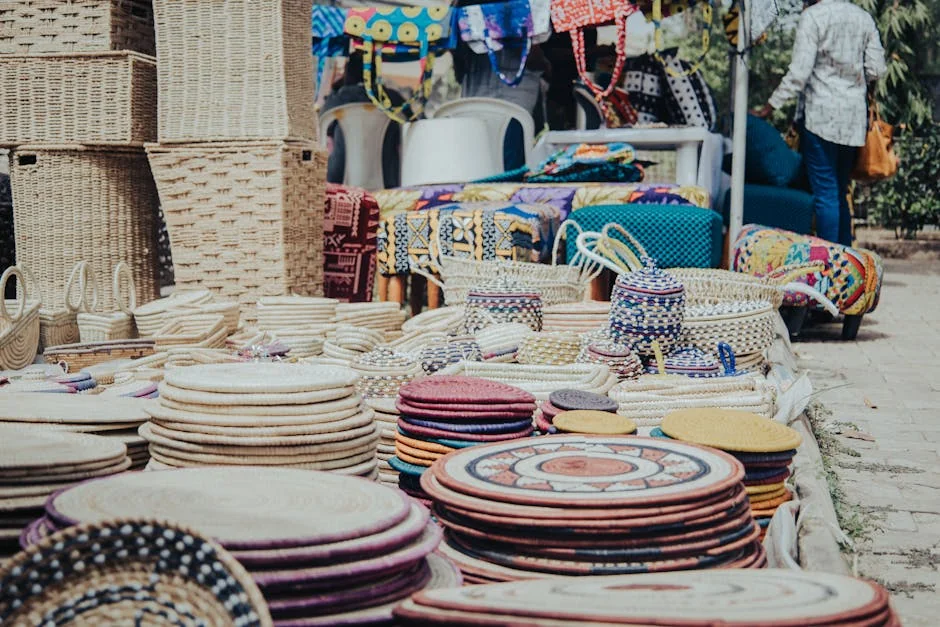 Colorful handmade baskets and trays displayed at an outdoor market in Abuja, Nigeria. - discovering highquality artisanal daily goods at fair prices
