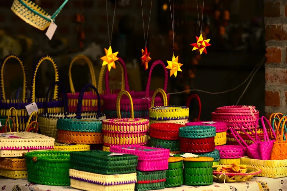 Colorful handmade baskets at a street market in Chennai, India, showcasing traditional craftsmanship. - discovering highquality artisanal daily goods at fair prices
