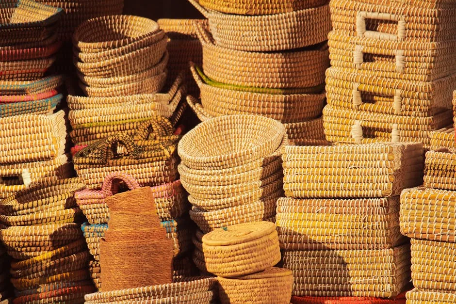 Vibrant handmade woven baskets stacked in a market, showcasing craftsmanship. - discovering highquality artisanal daily goods at fair prices