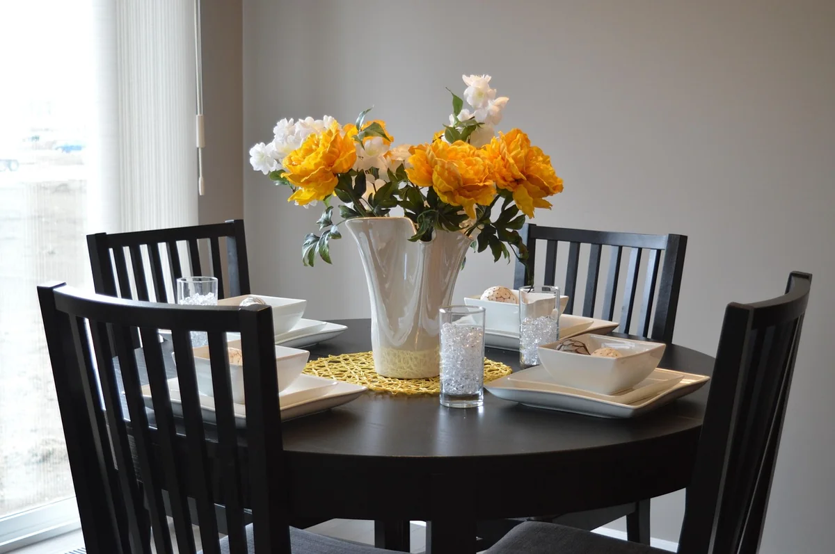 dining table, dining room, flower wallpaper, furniture, chairs, seating, nature, flower background, house, beautiful flowers, home, interior, design, residential, residence, apartment, flowers, centerpiece, vase, gray home, gray house, gray room, gray table, gray design, gray interior - essential household checklist for firsttime apartment renters
