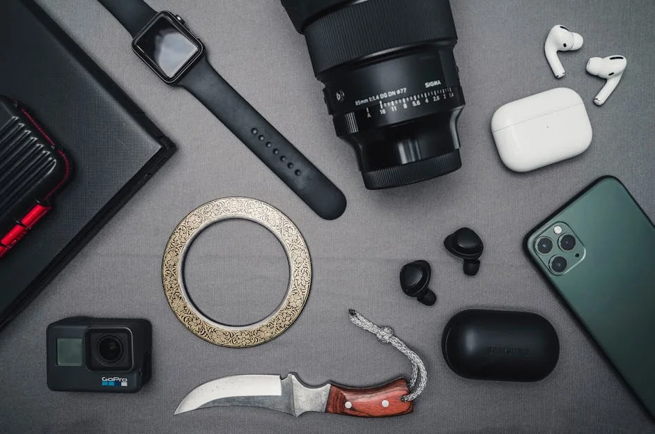 Flat lay of tech gadgets and personal accessories including camera and smartwatch. - factors to consider before upgrading your daily tech gadgets