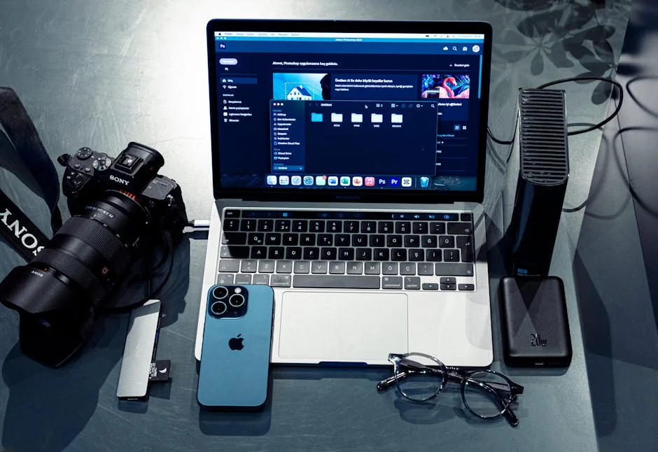 Modern workspace setup featuring a laptop, smartphone, camera, and accessories for digital creativity. - factors to consider before upgrading your daily tech gadgets
