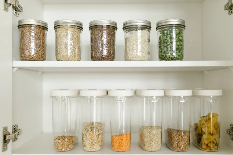 Neatly arranged pantry showcasing grains in glass jars and dry goods in plastic containers. - hidden gems on amazon for kitchen organization and storage