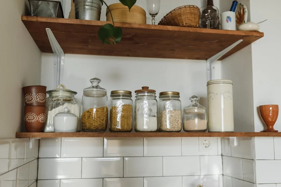 Aesthetic kitchen shelves displaying various jars and containers for organized storage. - hidden gems on amazon for kitchen organization and storage