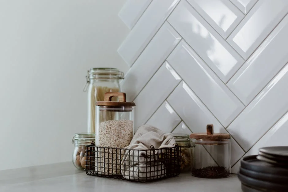 Stylish kitchen setup featuring glass jars with pasta and grains on a clean counter. - hidden gems on amazon for kitchen organization and storage