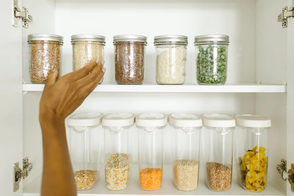 A neat pantry shelf showing various grains stored in labeled glass and plastic containers, promoting kitchen organization. - hidden gems on amazon for kitchen organization and storage