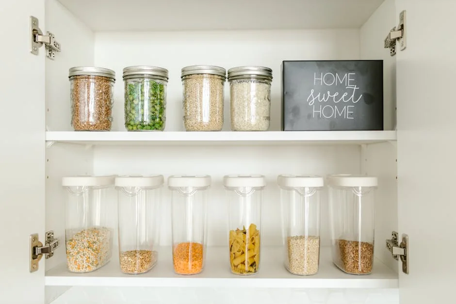 Neatly arranged glass and plastic jars containing grains and pasta in a kitchen cabinet. - hidden gems on amazon for kitchen organization and storage