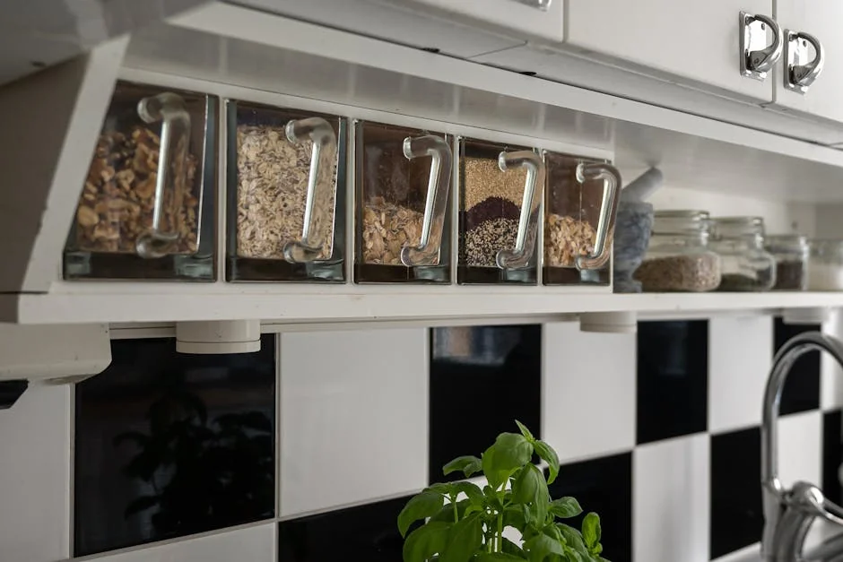Glass containers with grains on a kitchen shelf, perfect for storage inspiration. - hidden gems on amazon for kitchen organization and storage