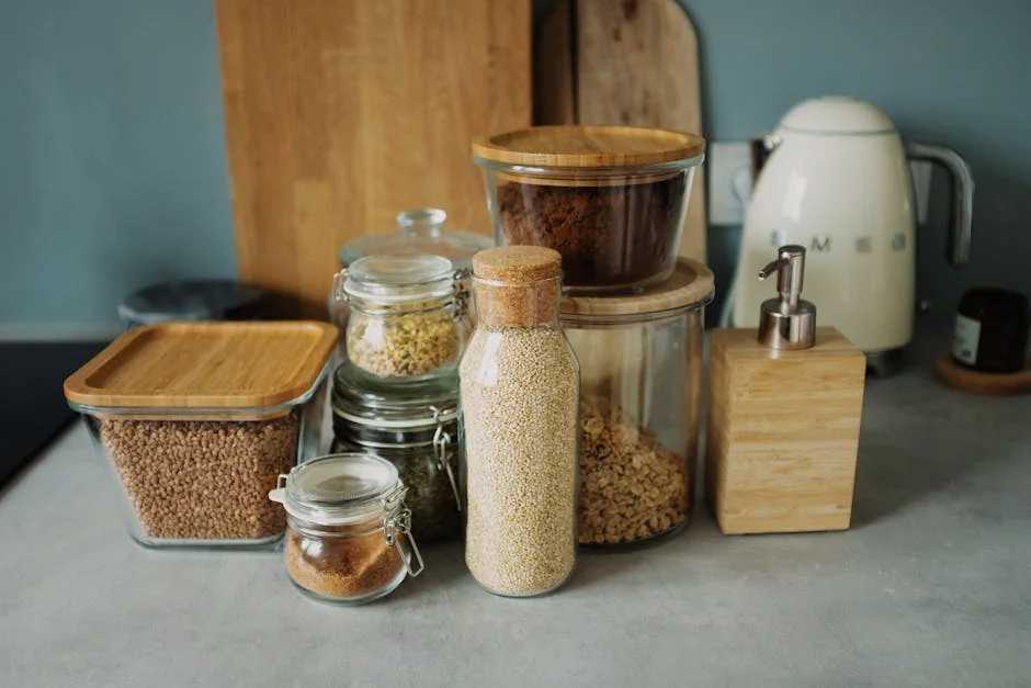Stylish kitchen setup with glass jars, wooden accents, and a white electric kettle. Ideal for organization. - hidden gems on amazon for kitchen organization and storage