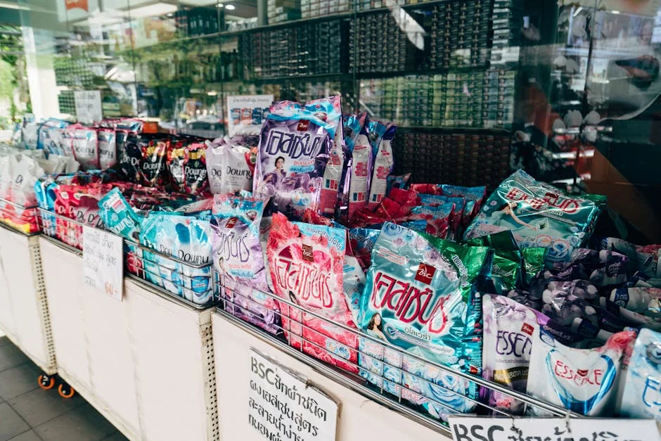 Colorful display of various laundry detergent brands in a retail store setting. - honest comparison of premium vs generic household brands