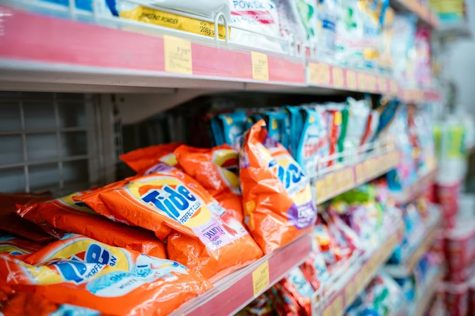 Vibrant selection of laundry detergents on a supermarket shelf, showcasing brands and variety. - honest comparison of premium vs generic household brands