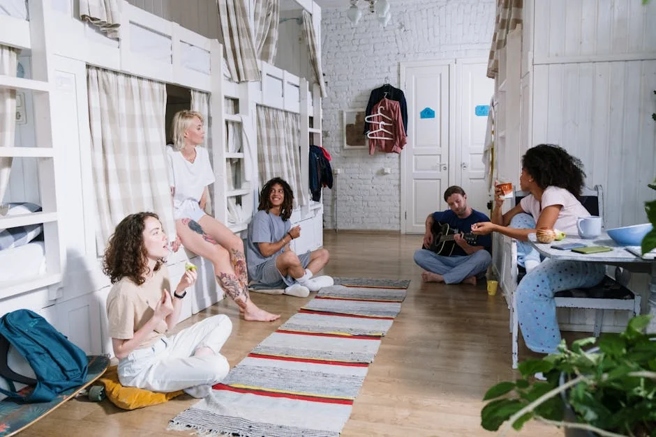 A diverse group of friends enjoying leisure time in a cozy shared dorm room with bunk beds. - musthave daily goods for college students in dorms
