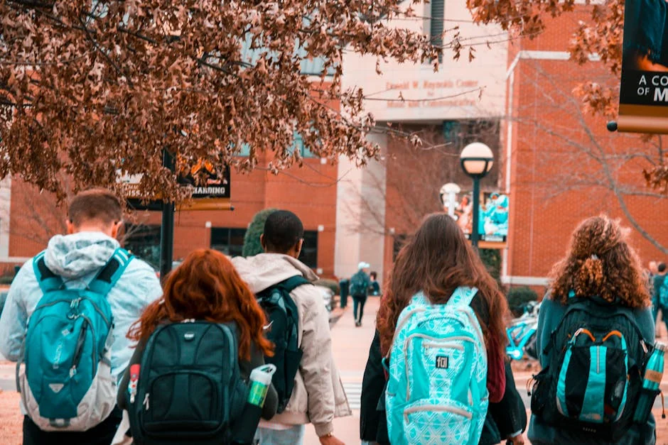 A group of college students with backpacks walking together outdoors on campus. - musthave daily goods for college students in dorms