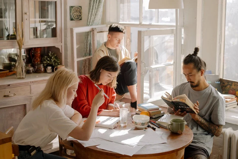 A group of college students studying in a bright, cozy room with natural light. - musthave daily goods for college students in dorms