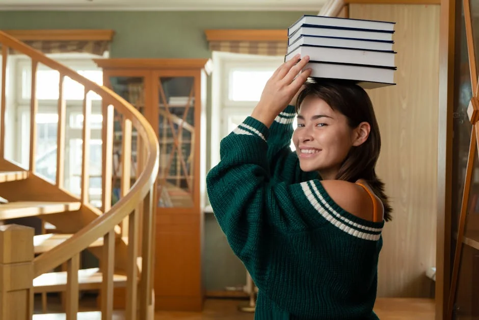 Asian woman in cozy sweater holding stacked books inside a library. - musthave daily goods for college students in dorms