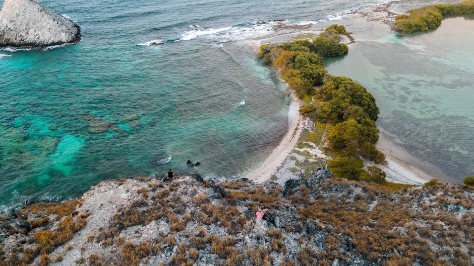 Aerial shot of a tropical island with clear turquoise waters and lush greenery, perfect for a serene escape. - adventure vacation destination - Rare and useful travel essentials for frequent commuters