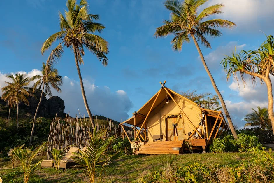 Idyllic glamping tent under palm trees in Fiji perfect for an adventurous retreat. - adventure vacation destination - Rare and useful travel essentials for frequent commuters