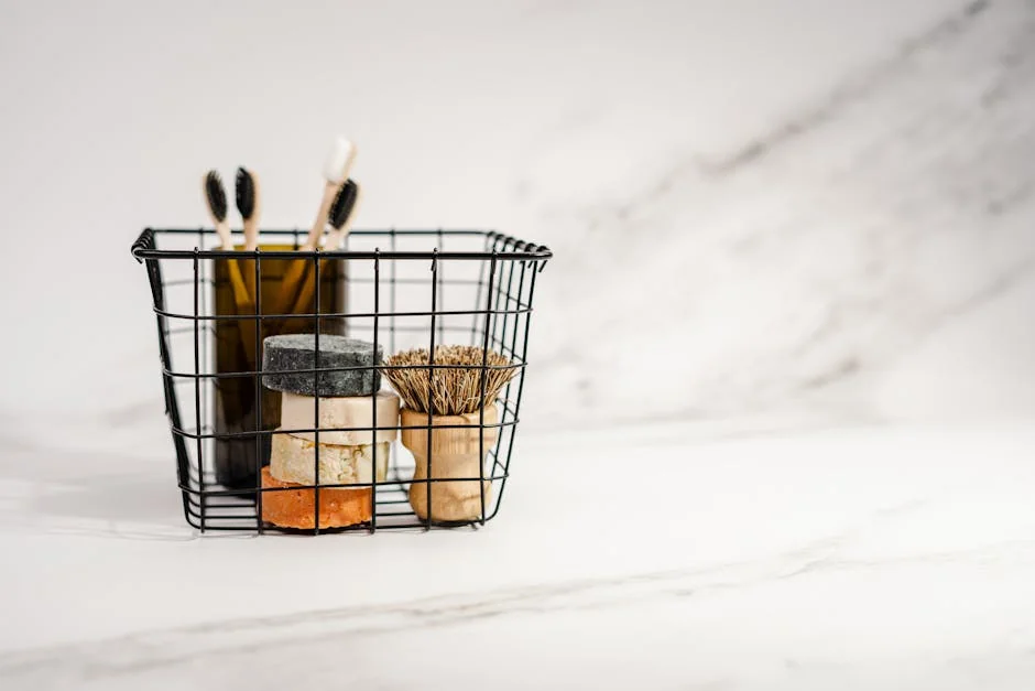 Minimalist setup of eco-friendly toiletries in a black wire basket on a marble surface. - sustainable and plasticfree bathroom essentials review