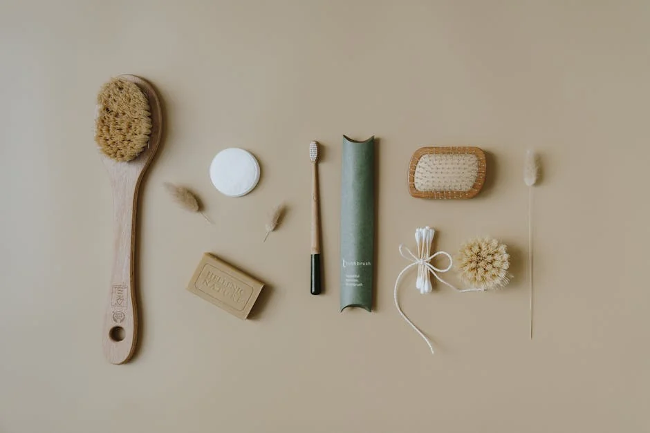 A flat lay image featuring various eco-friendly bath essentials and body care items, promoting zero waste lifestyle. - sustainable and plasticfree bathroom essentials review