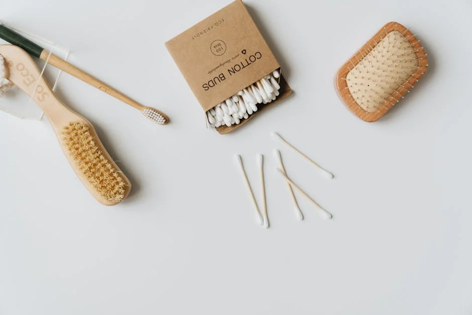 Minimalist flat lay of eco-friendly personal care items including a toothbrush, hairbrush, and cotton buds on a white background. - sustainable and plasticfree bathroom essentials review