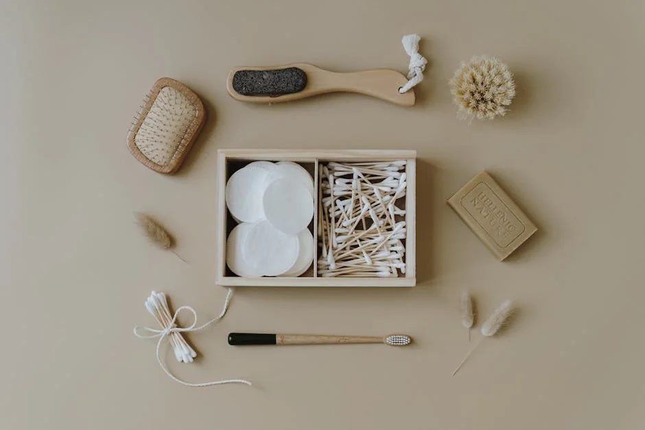 Flat lay of eco-friendly bath products including brushes and cotton buds for sustainable living. - sustainable and plasticfree bathroom essentials review