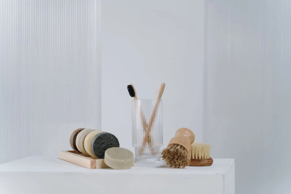A minimalist arrangement of eco-friendly bathroom essentials including wooden brushes and natural soap bars. - sustainable and plasticfree bathroom essentials review
