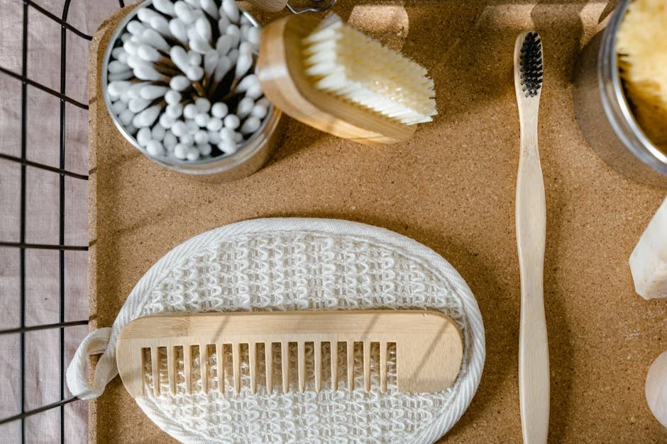 Eco-friendly wooden bathroom essentials including comb, toothbrush, and brush in a flat lay. - sustainable and plasticfree bathroom essentials review