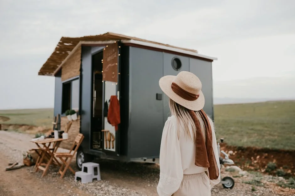 Woman standing by a tiny house on wheels in a rural landscape, capturing the essence of mobile living. - top spacesaving gadgets for tiny house living