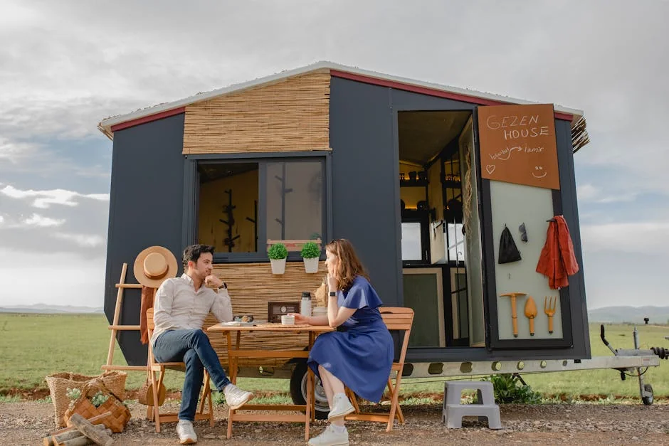 A young couple relaxing at a picnic table outside a modern tiny home in nature. - top spacesaving gadgets for tiny house living