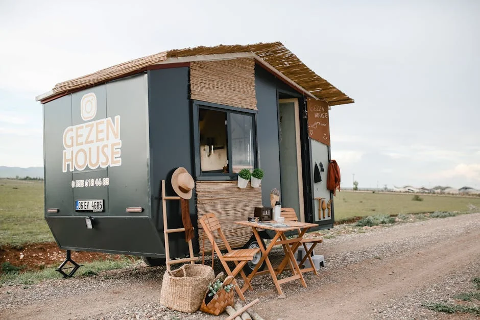 Mobile tiny house with outdoor furniture on a countryside dirt road. - top spacesaving gadgets for tiny house living