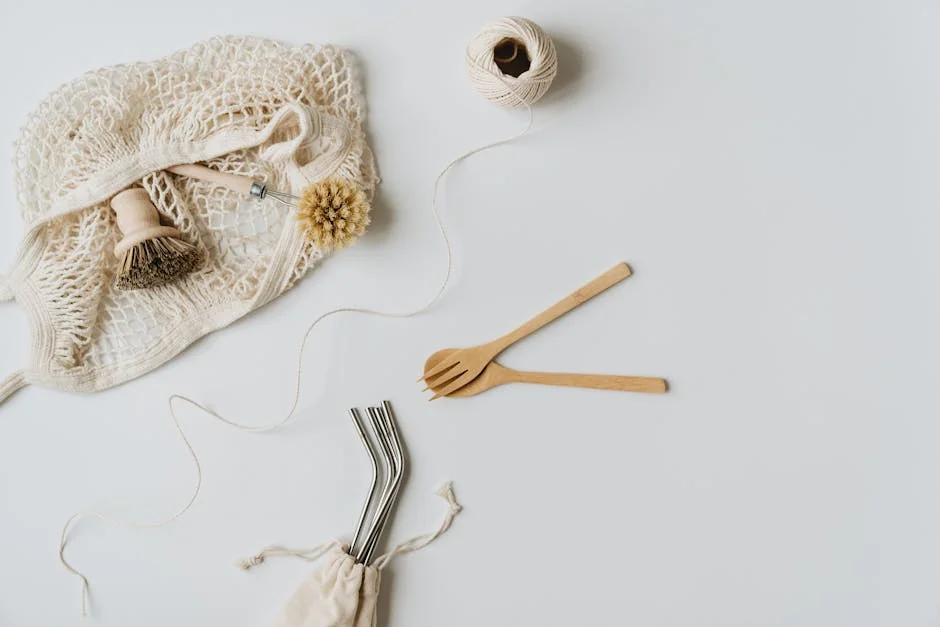 Flat lay of sustainable kitchen items including net bag, wooden utensils, and metal straws on a white surface. - ultimate buying guide for sustainable kitchenware