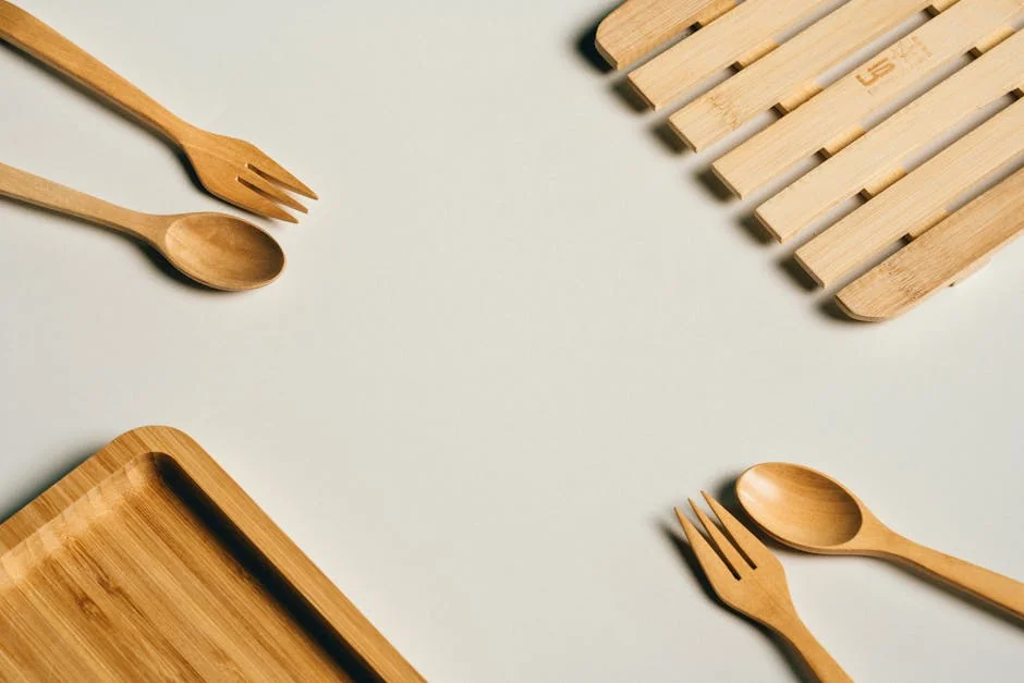 Flat lay of bamboo fork, spoon, and tray on a minimalist background. - ultimate buying guide for sustainable kitchenware