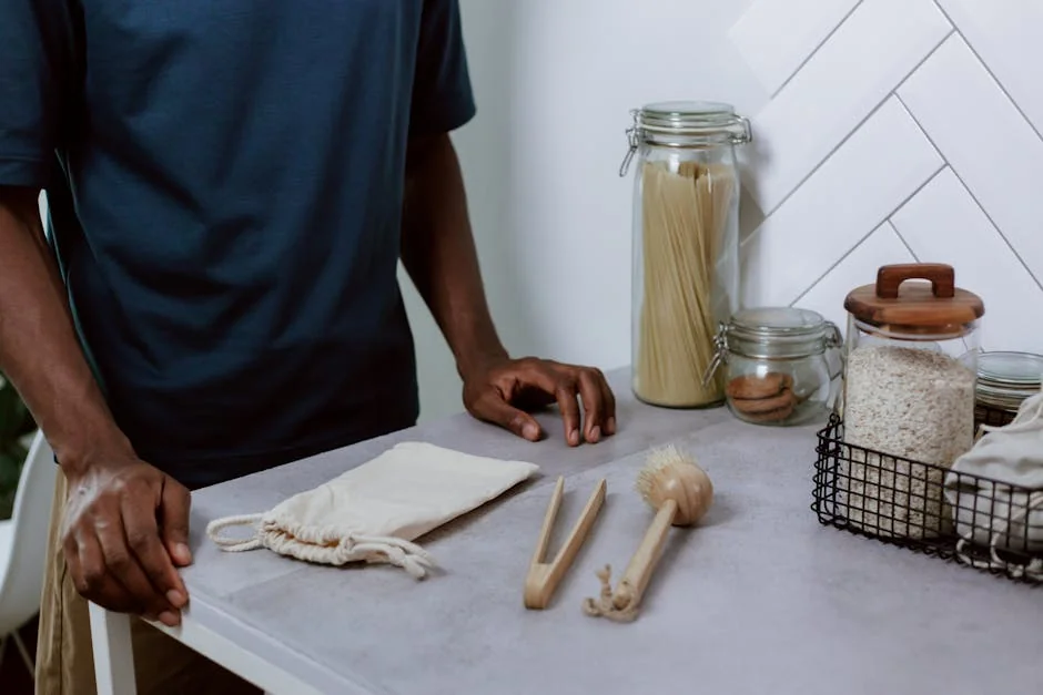 A modern kitchen counter with glass jars, utensils, and a person in a navy shirt. - ultimate buying guide for sustainable kitchenware