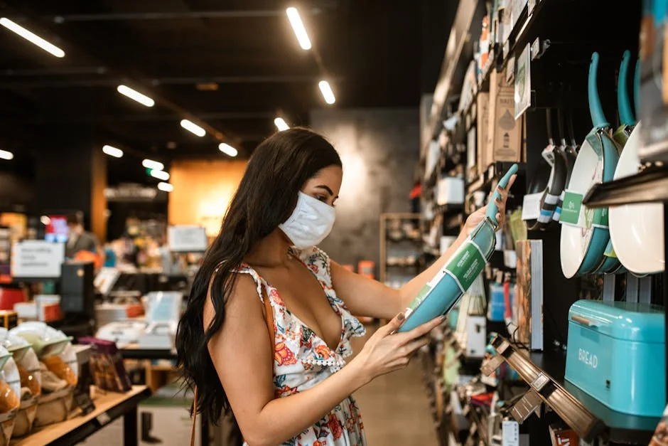 Stylish woman with mask shopping for cookware in a modern store. - ultimate buying guide for sustainable kitchenware