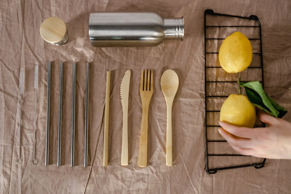Zero waste eco-friendly utensils, lemon, steel straws on textile for sustainable living. - ultimate buying guide for sustainable kitchenware