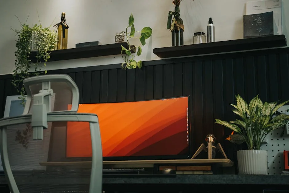 Stylish home office setup featuring a curved monitor, ergonomic chair, and indoor plants for a modern workspace vibe. - user experience report on ergonomic dailyuse furniture
